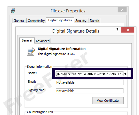 Screenshot of the JINHUA 9158 NETWORK SCIENCE AND TECHNOLOGY CO.,LTD. certificate